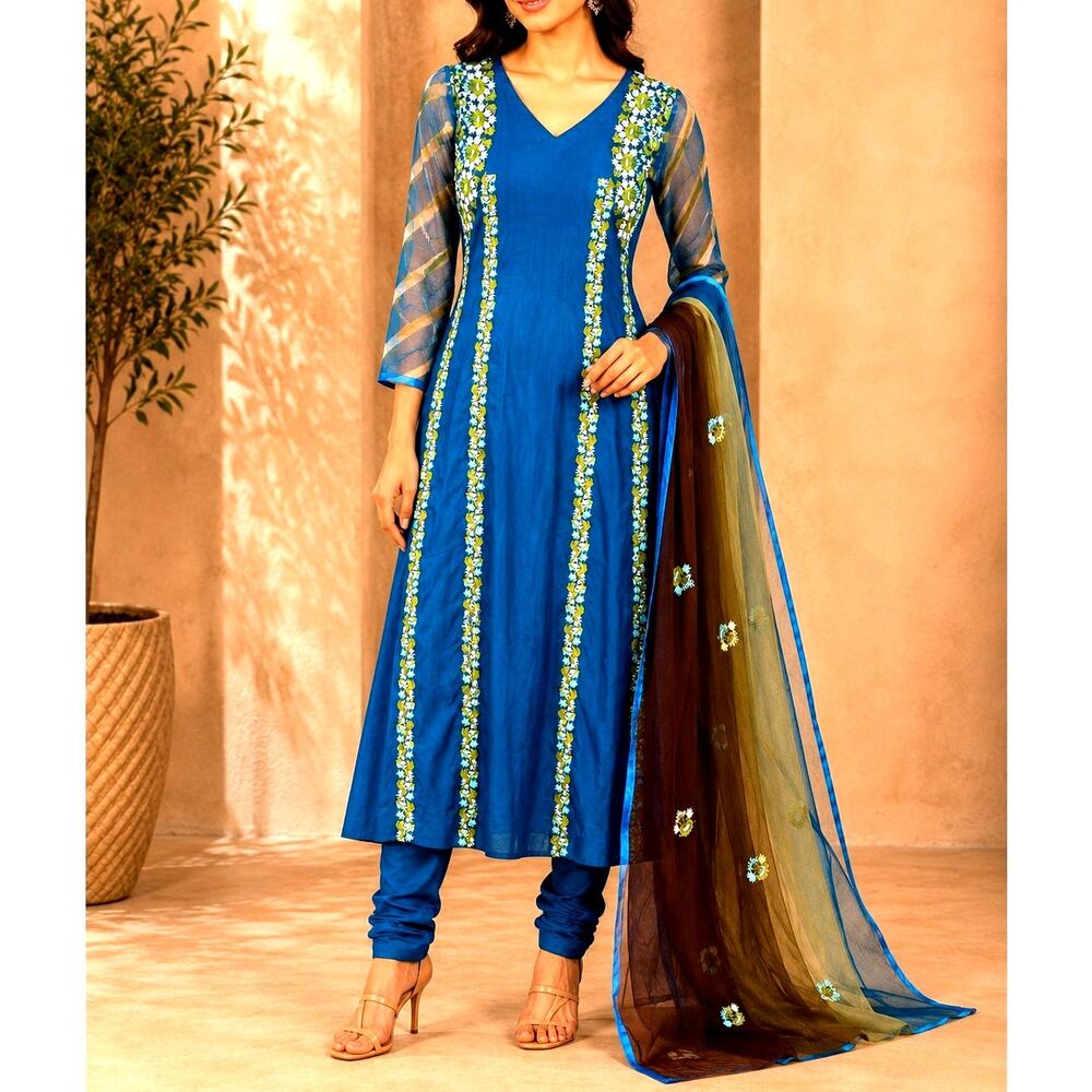 Blue Indian Pakistani Dress Cotton Embroidered Dress Pants Scarf Set Size XS